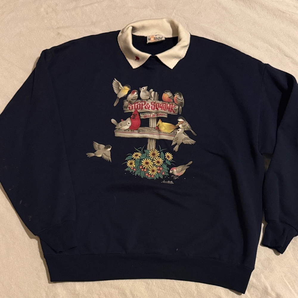Morning Sun: Classic Navy Crewneck Sweater with Bird Design